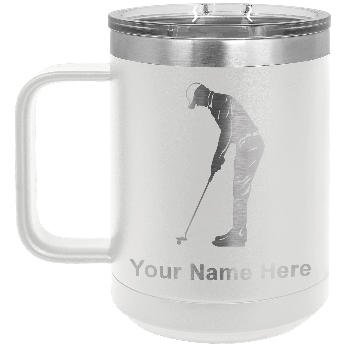 15oz Vacuum Insulated Coffee Mug, Golfer Putting, Personalized Engraving Included