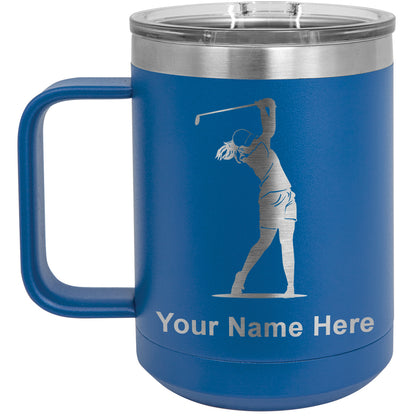 15oz Vacuum Insulated Coffee Mug, Golfer Woman, Personalized Engraving Included