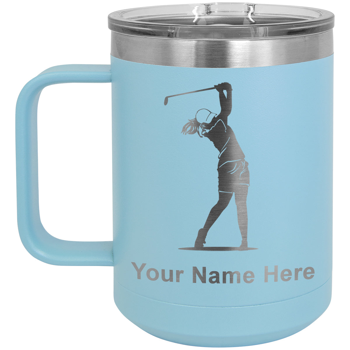 15oz Vacuum Insulated Coffee Mug, Golfer Woman, Personalized Engraving Included