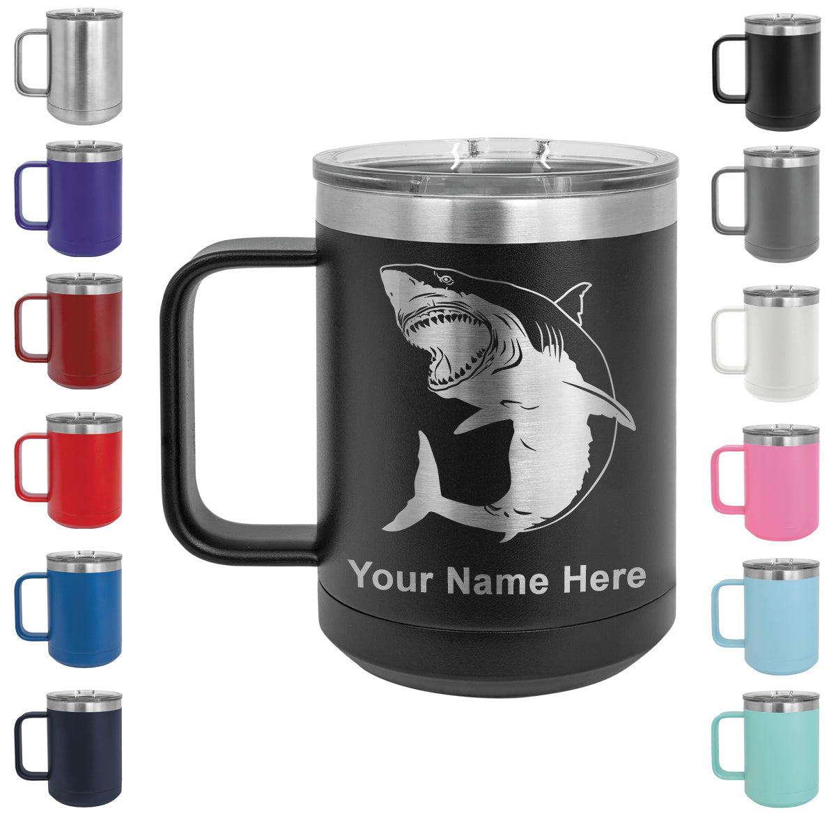 15oz Vacuum Insulated Coffee Mug, Great White Shark, Personalized Engraving Included