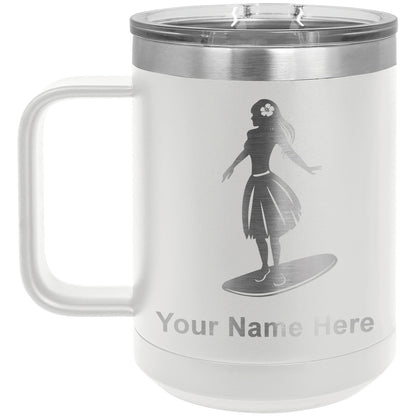 15oz Vacuum Insulated Coffee Mug, Hawaiian Surfer Girl, Personalized Engraving Included