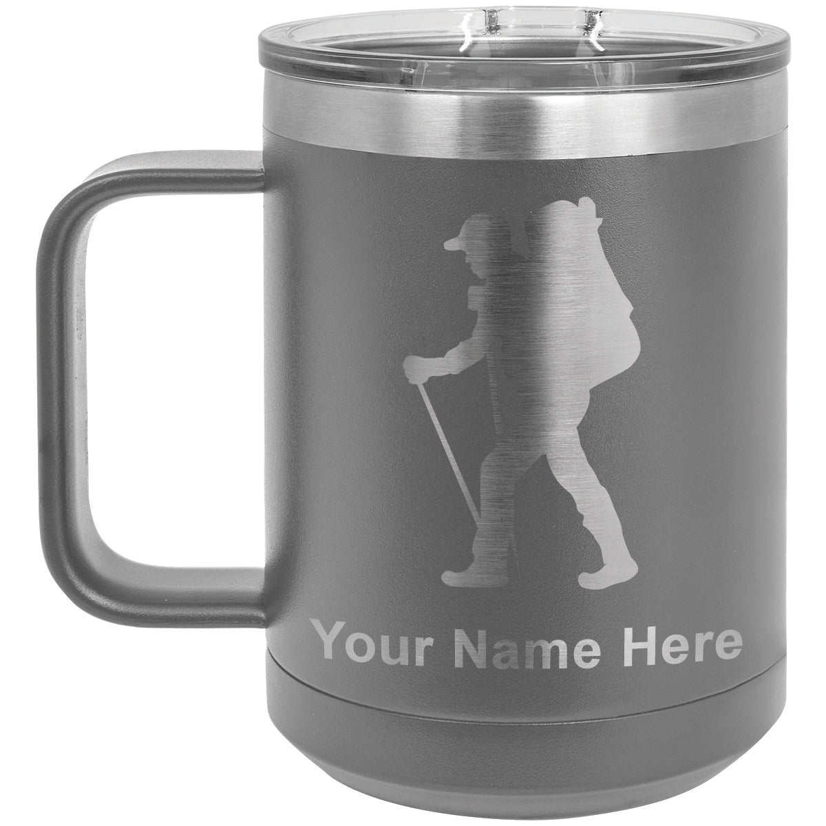 15oz Vacuum Insulated Coffee Mug, Hiker Man, Personalized Engraving Included