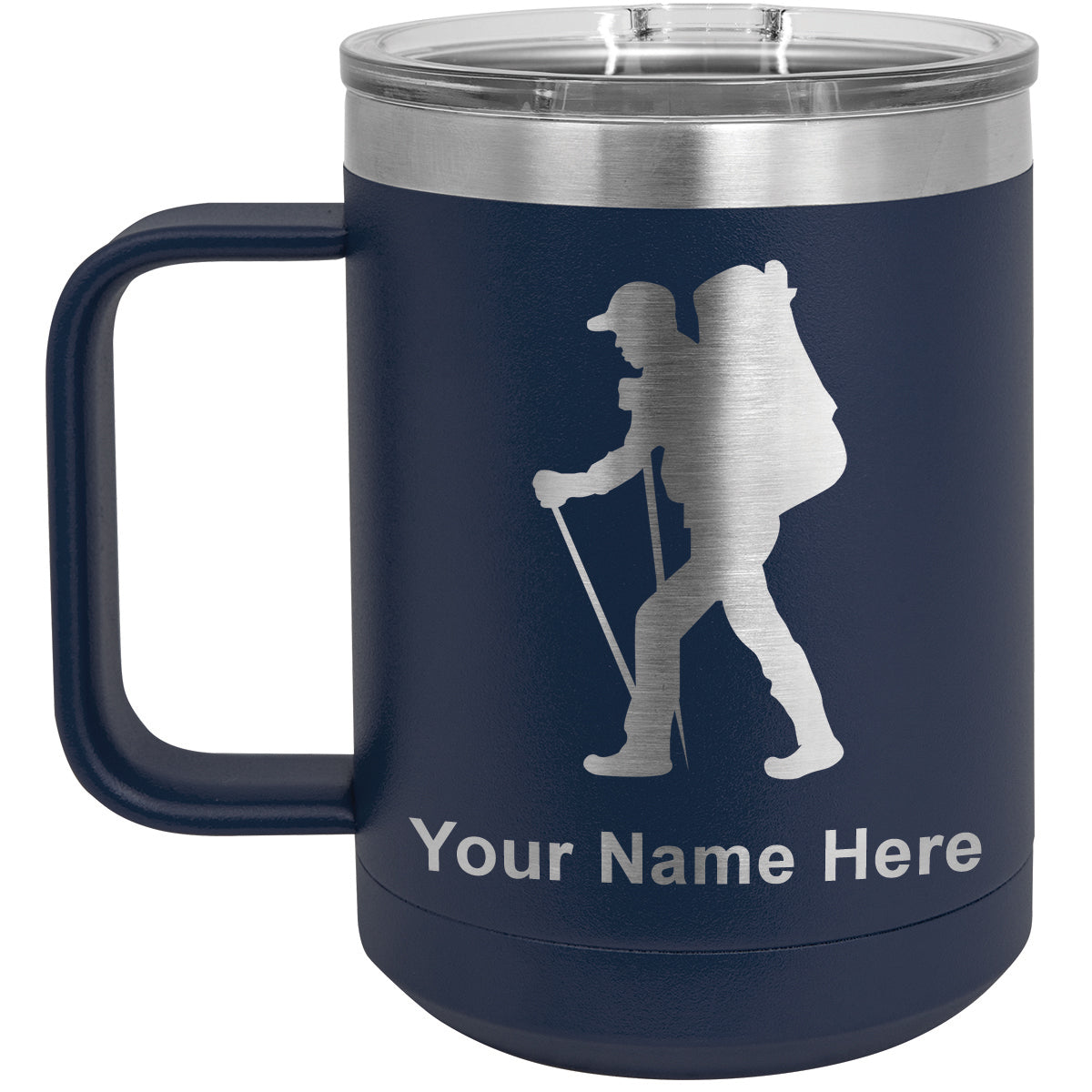 15oz Vacuum Insulated Coffee Mug, Hiker Man, Personalized Engraving Included