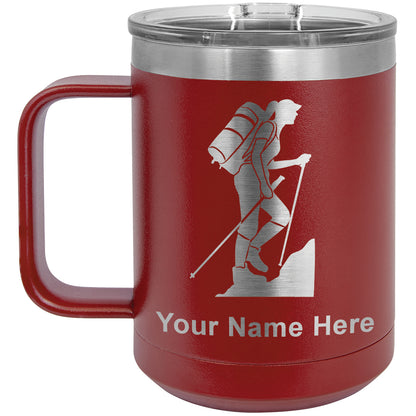 15oz Vacuum Insulated Coffee Mug, Hiker Woman, Personalized Engraving Included