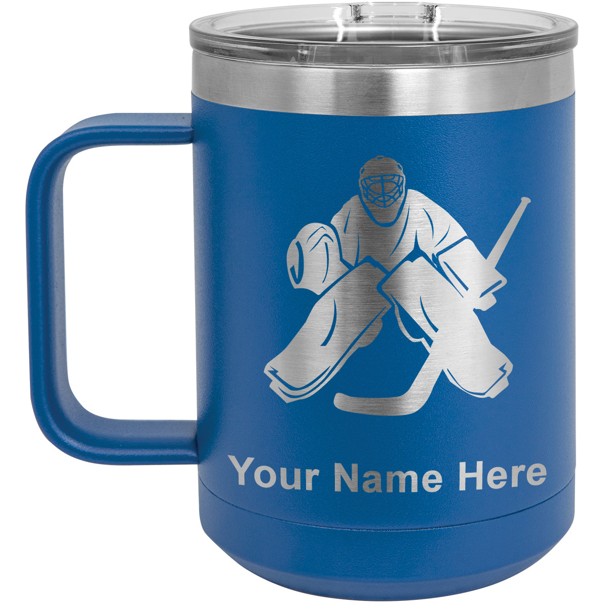 15oz Vacuum Insulated Coffee Mug, Hockey Goalie, Personalized Engraving Included