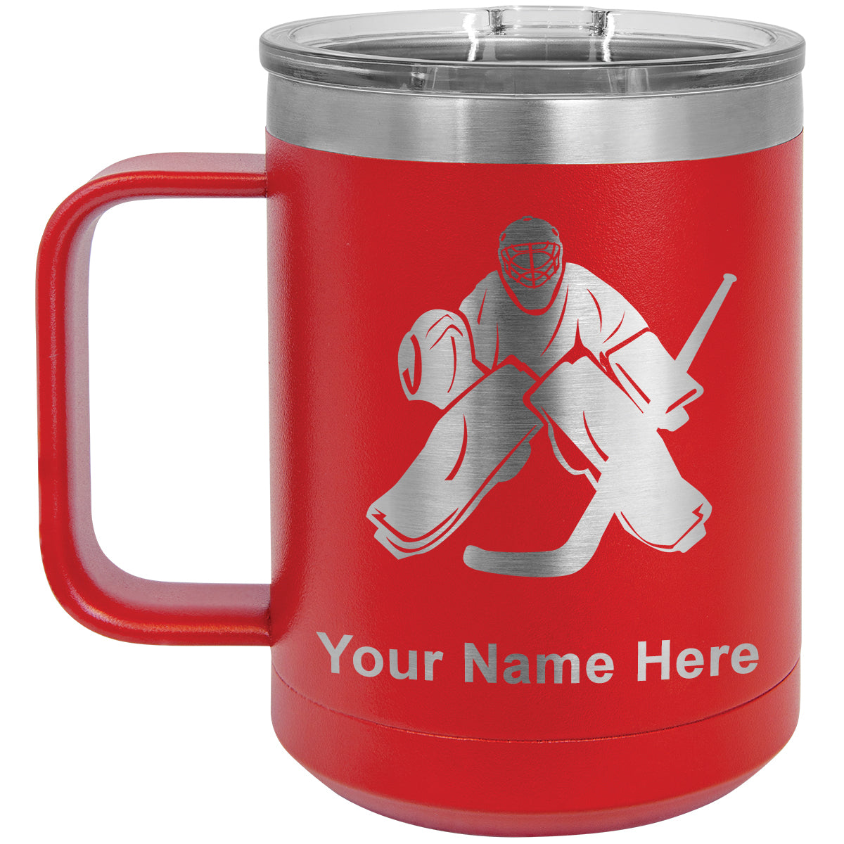 15oz Vacuum Insulated Coffee Mug, Hockey Goalie, Personalized Engraving Included