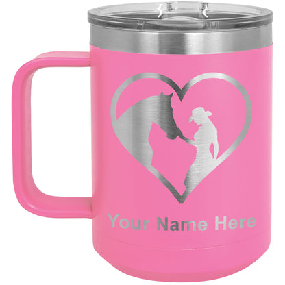 15oz Vacuum Insulated Coffee Mug, Horse Cowgirl Heart, Personalized Engraving Included