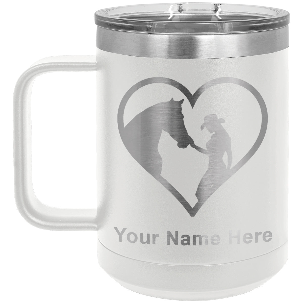 15oz Vacuum Insulated Coffee Mug, Horse Cowgirl Heart, Personalized Engraving Included