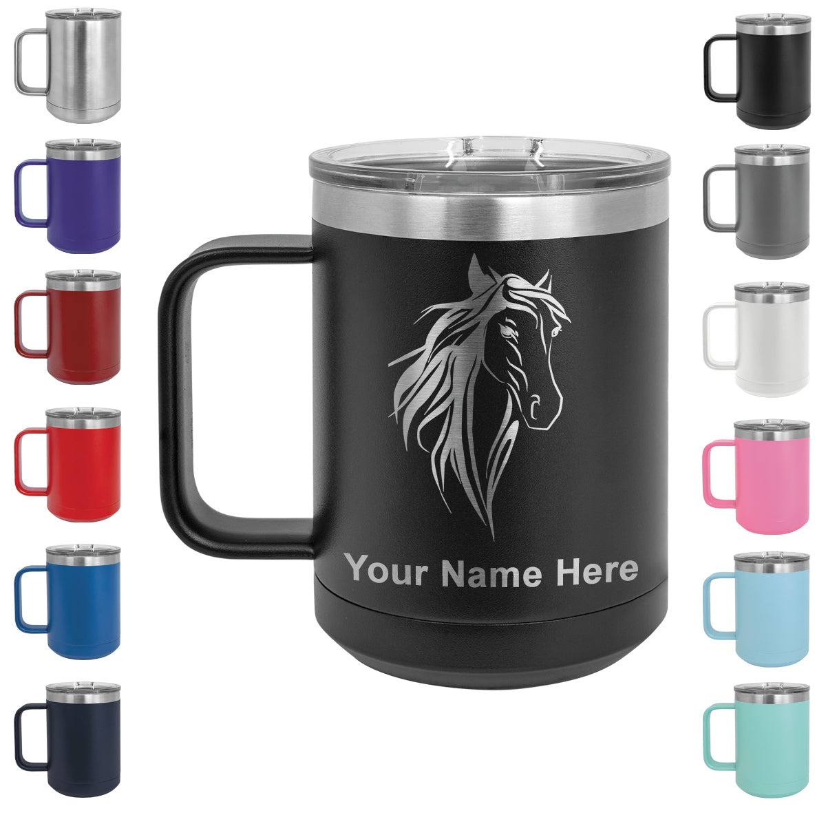 15oz Vacuum Insulated Coffee Mug, Horse Head 3, Personalized Engraving Included