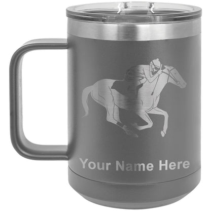 15oz Vacuum Insulated Coffee Mug, Horse Racing, Personalized Engraving Included