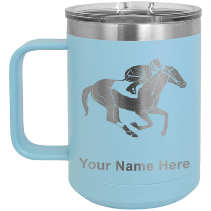 15oz Vacuum Insulated Coffee Mug, Horse Racing, Personalized Engraving Included