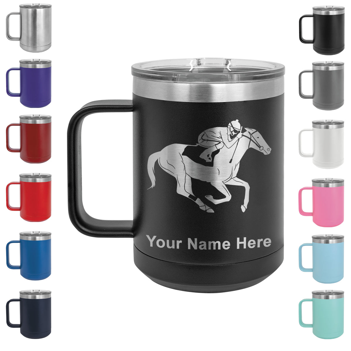 15oz Vacuum Insulated Coffee Mug, Horse Racing, Personalized Engraving Included