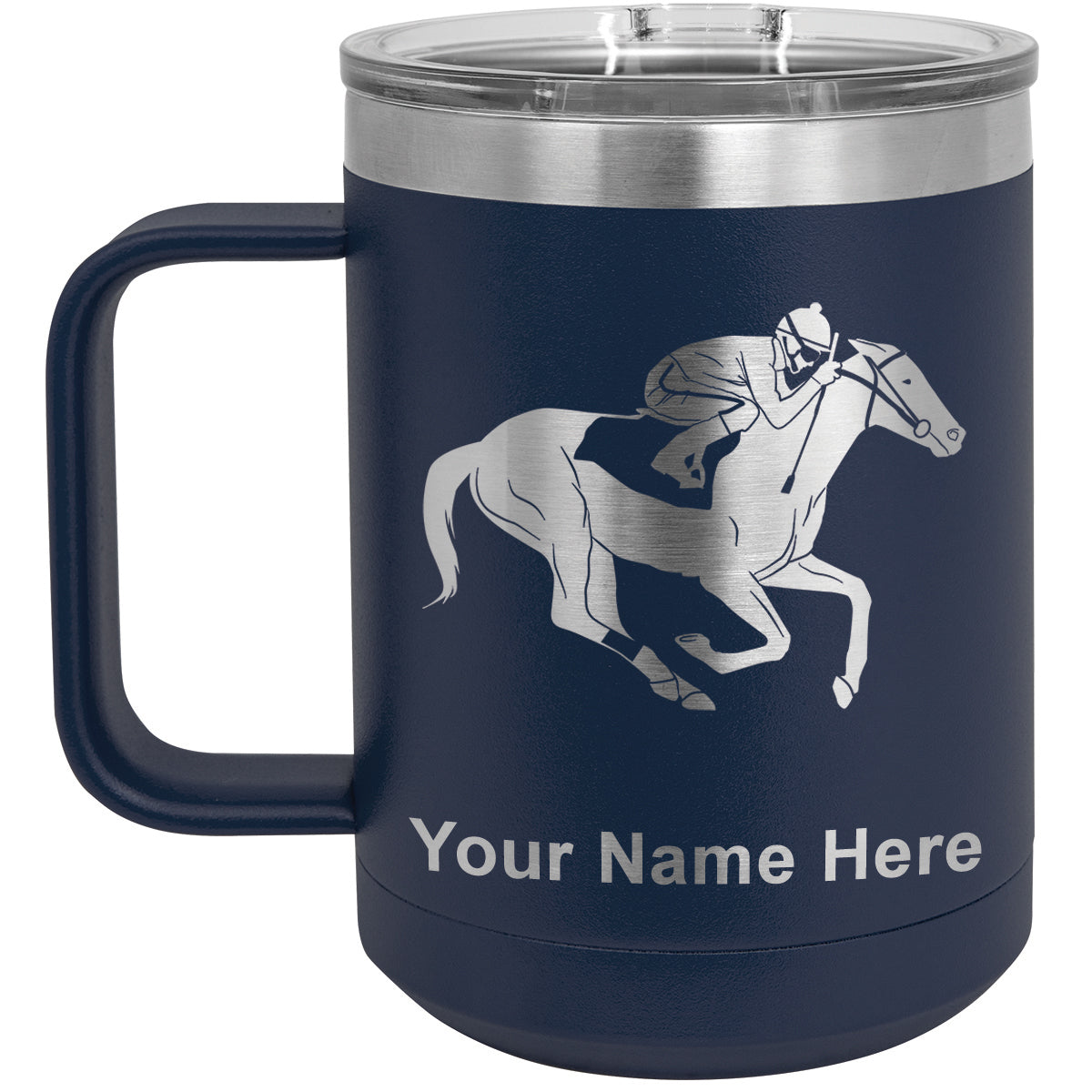 15oz Vacuum Insulated Coffee Mug, Horse Racing, Personalized Engraving Included