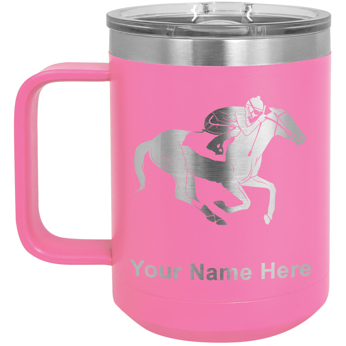 15oz Vacuum Insulated Coffee Mug, Horse Racing, Personalized Engraving Included