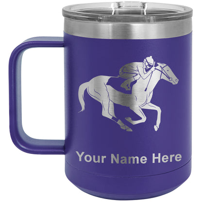 15oz Vacuum Insulated Coffee Mug, Horse Racing, Personalized Engraving Included