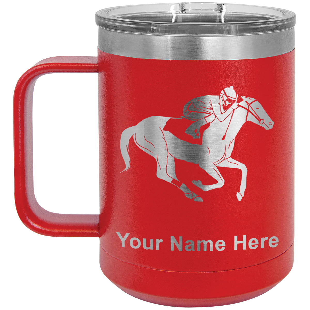 15oz Vacuum Insulated Coffee Mug, Horse Racing, Personalized Engraving Included