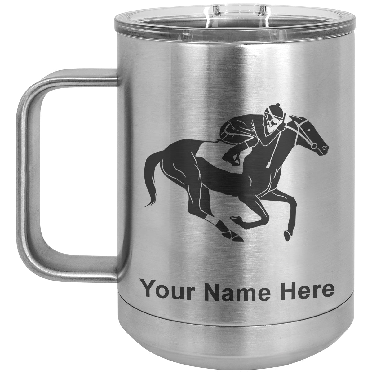 15oz Vacuum Insulated Coffee Mug, Horse Racing, Personalized Engraving Included