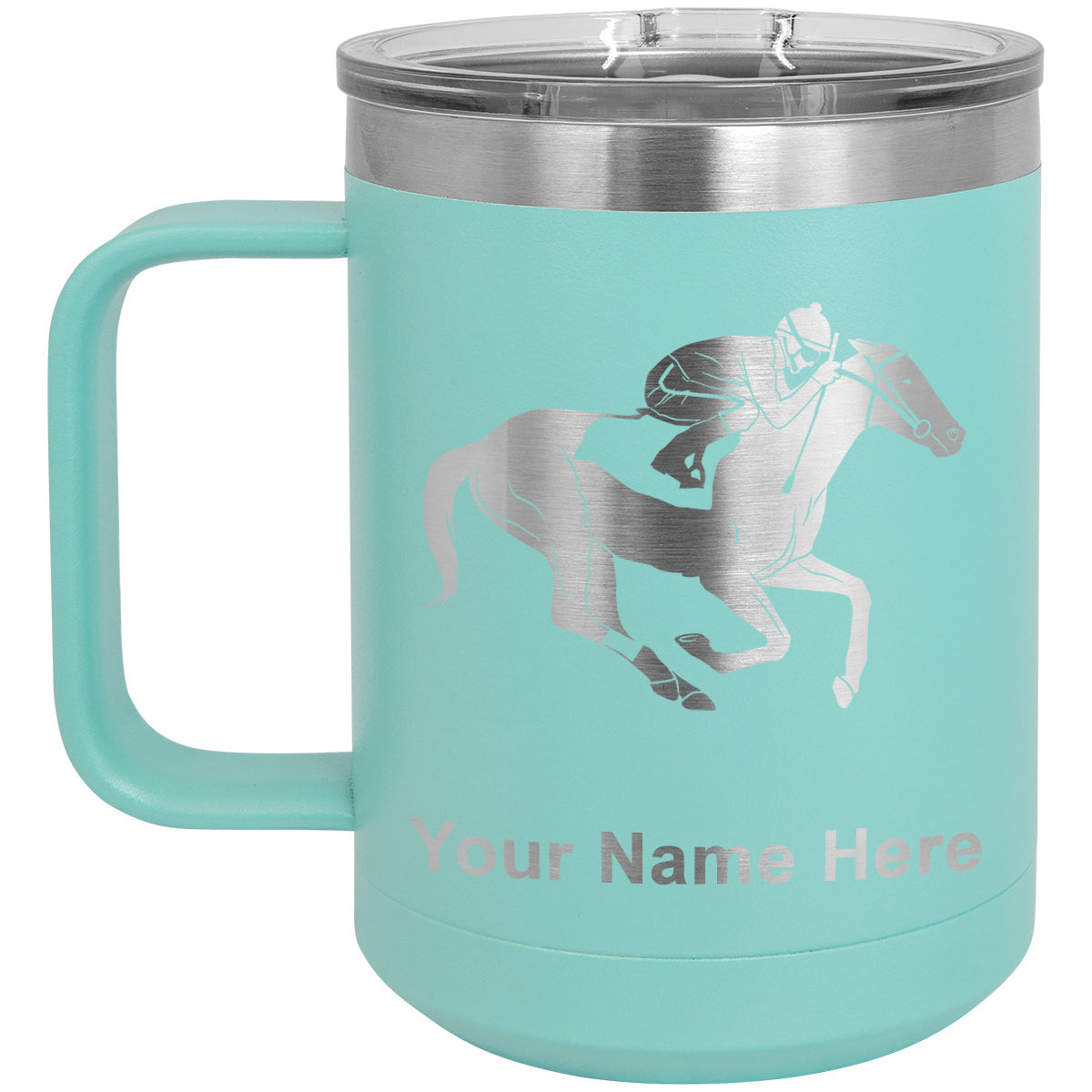 15oz Vacuum Insulated Coffee Mug, Horse Racing, Personalized Engraving Included