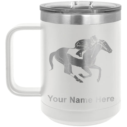 15oz Vacuum Insulated Coffee Mug, Horse Racing, Personalized Engraving Included