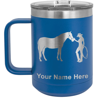 15oz Vacuum Insulated Coffee Mug, Horse and Cowgirl, Personalized Engraving Included