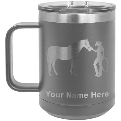 15oz Vacuum Insulated Coffee Mug, Horse and Cowgirl, Personalized Engraving Included