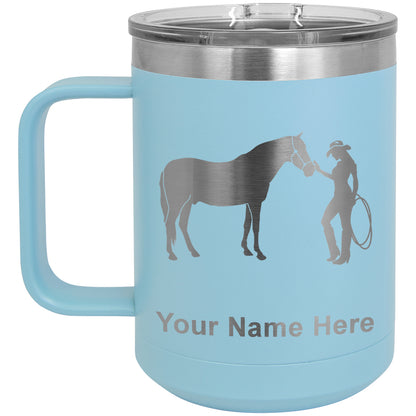 15oz Vacuum Insulated Coffee Mug, Horse and Cowgirl, Personalized Engraving Included