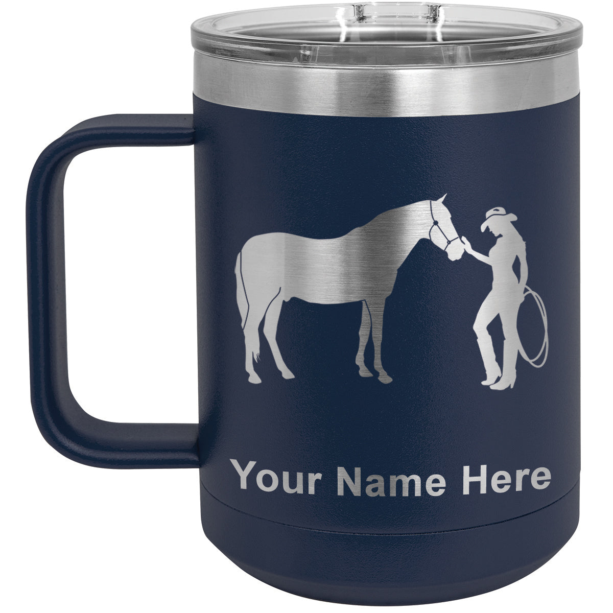 15oz Vacuum Insulated Coffee Mug, Horse and Cowgirl, Personalized Engraving Included