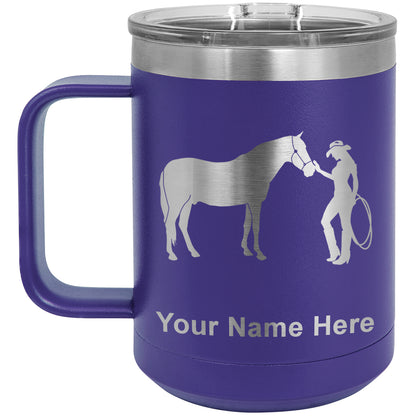 15oz Vacuum Insulated Coffee Mug, Horse and Cowgirl, Personalized Engraving Included