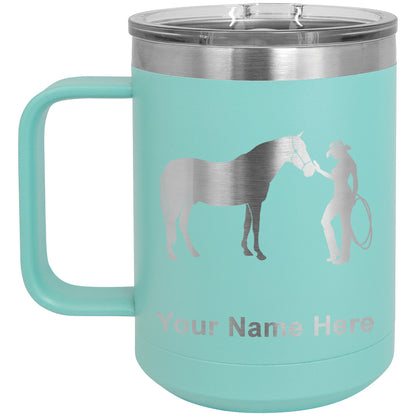 15oz Vacuum Insulated Coffee Mug, Horse and Cowgirl, Personalized Engraving Included