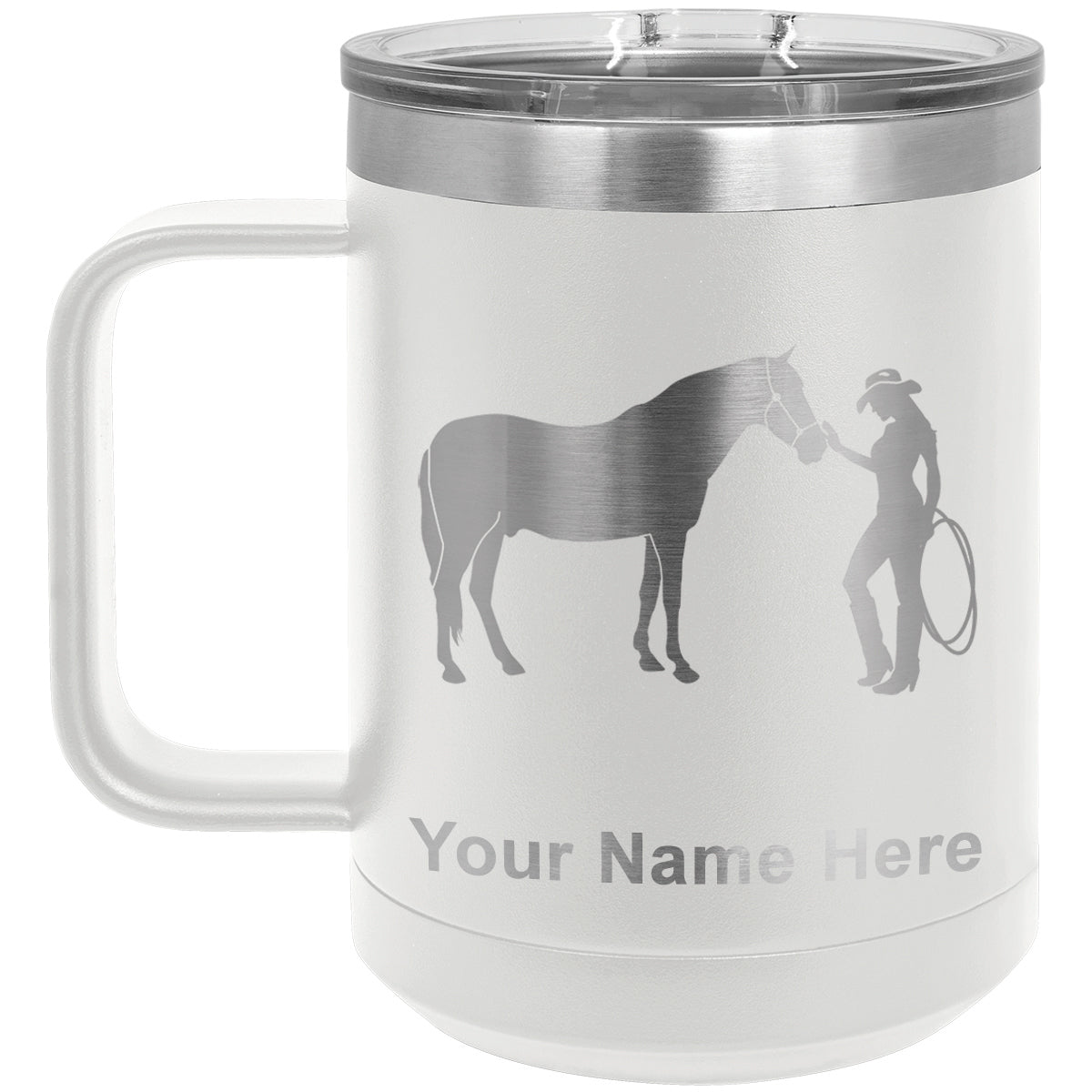 15oz Vacuum Insulated Coffee Mug, Horse and Cowgirl, Personalized Engraving Included