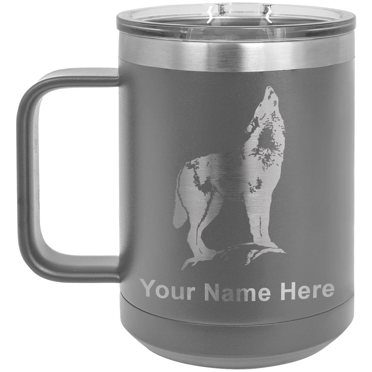 15oz Vacuum Insulated Coffee Mug, Howling Wolf, Personalized Engraving –  LaserGram Custom Engraved Gifts
