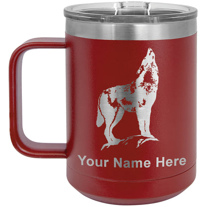 15oz Vacuum Insulated Coffee Mug, Howling Wolf, Personalized Engraving Included