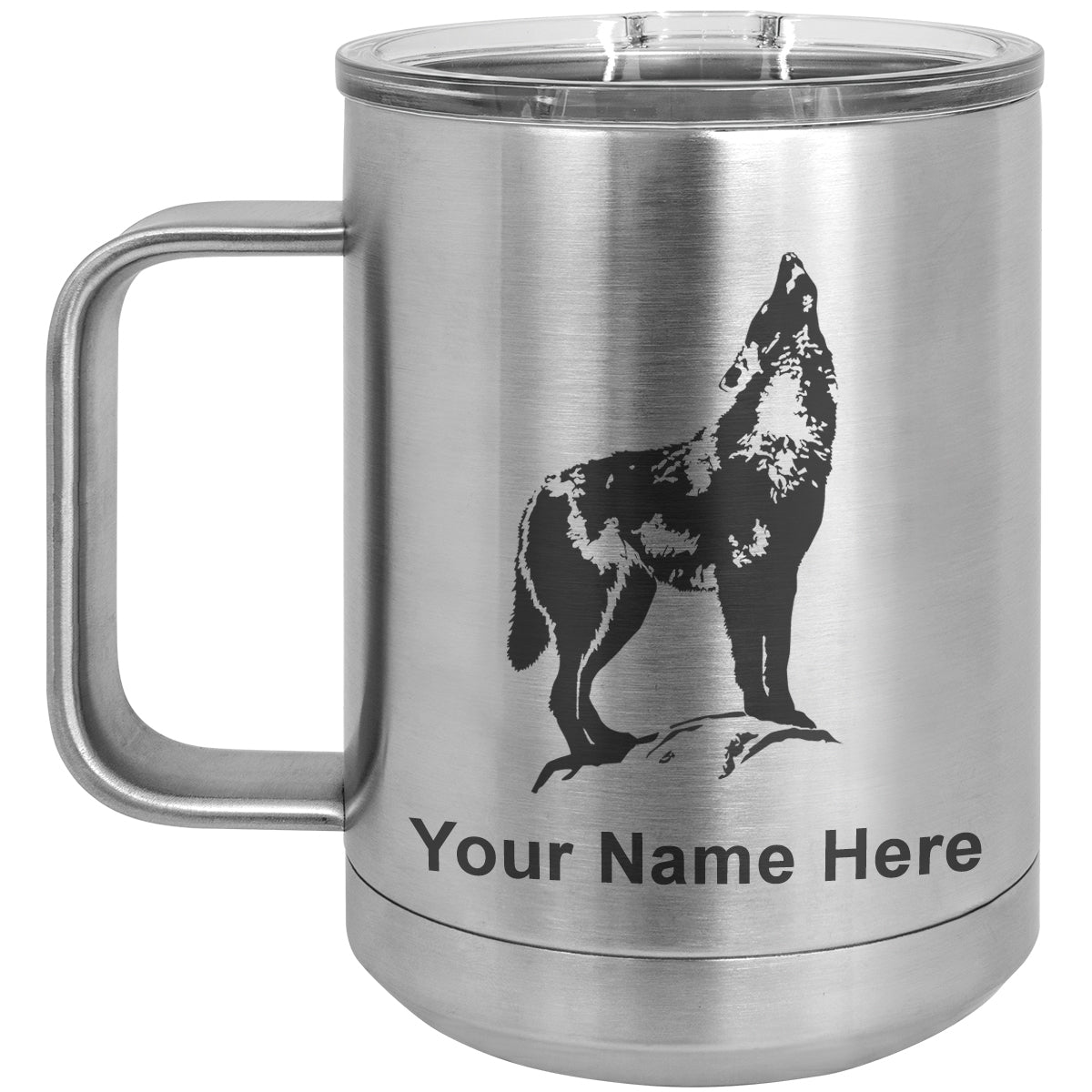 15oz Vacuum Insulated Coffee Mug, Howling Wolf, Personalized Engraving Included