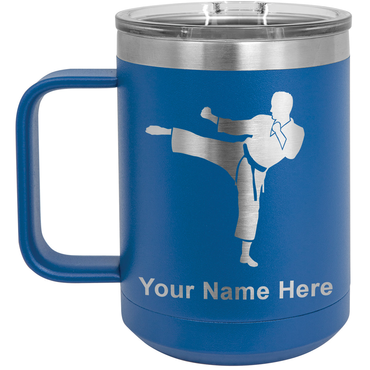 15oz Vacuum Insulated Coffee Mug, Karate Man, Personalized Engraving Included