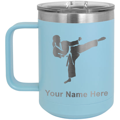 15oz Vacuum Insulated Coffee Mug, Karate Woman, Personalized Engraving Included