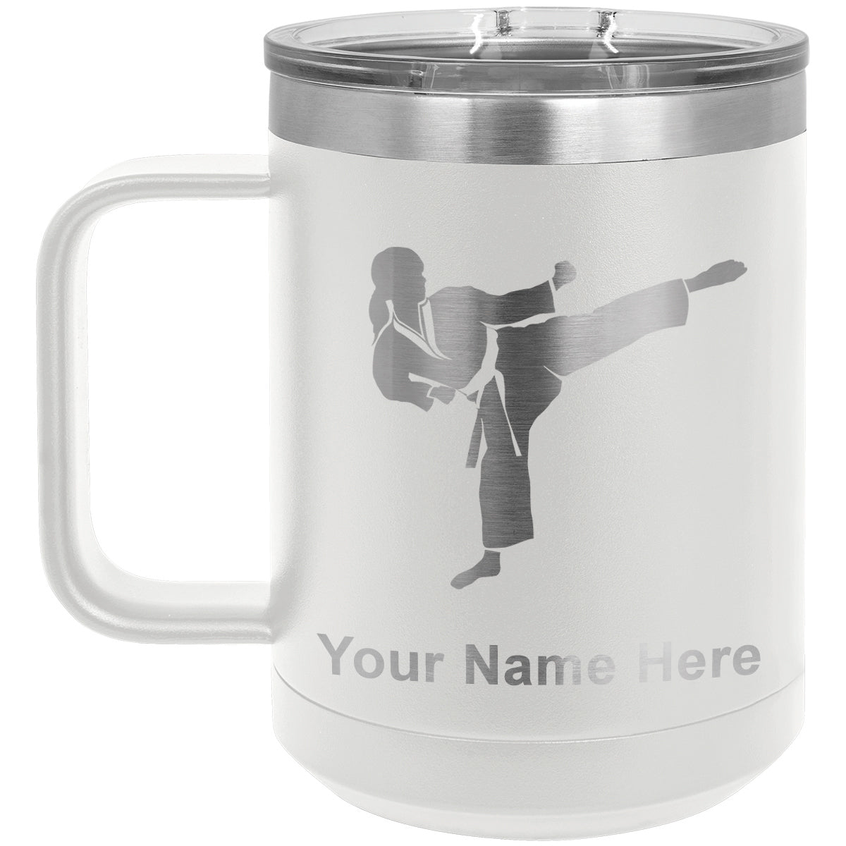 15oz Vacuum Insulated Coffee Mug, Karate Woman, Personalized Engraving Included