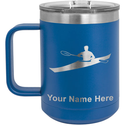 15oz Vacuum Insulated Coffee Mug, Kayak Man, Personalized Engraving Included
