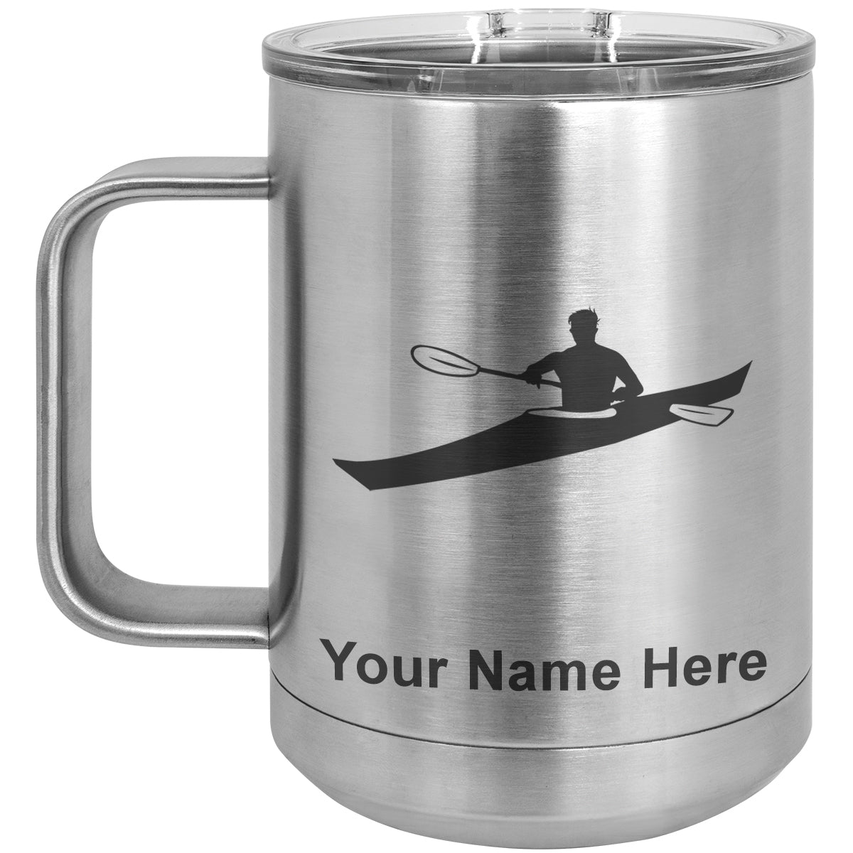 15oz Vacuum Insulated Coffee Mug, Kayak Man, Personalized Engraving Included