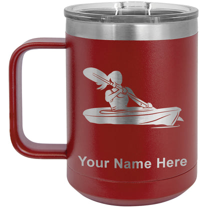 15oz Vacuum Insulated Coffee Mug, Kayak Woman, Personalized Engraving Included