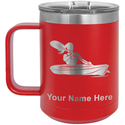15oz Vacuum Insulated Coffee Mug, Kayak Woman, Personalized Engraving Included
