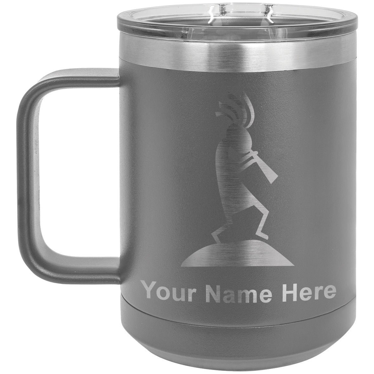15oz Vacuum Insulated Coffee Mug, Kokopelli, Personalized Engraving Included