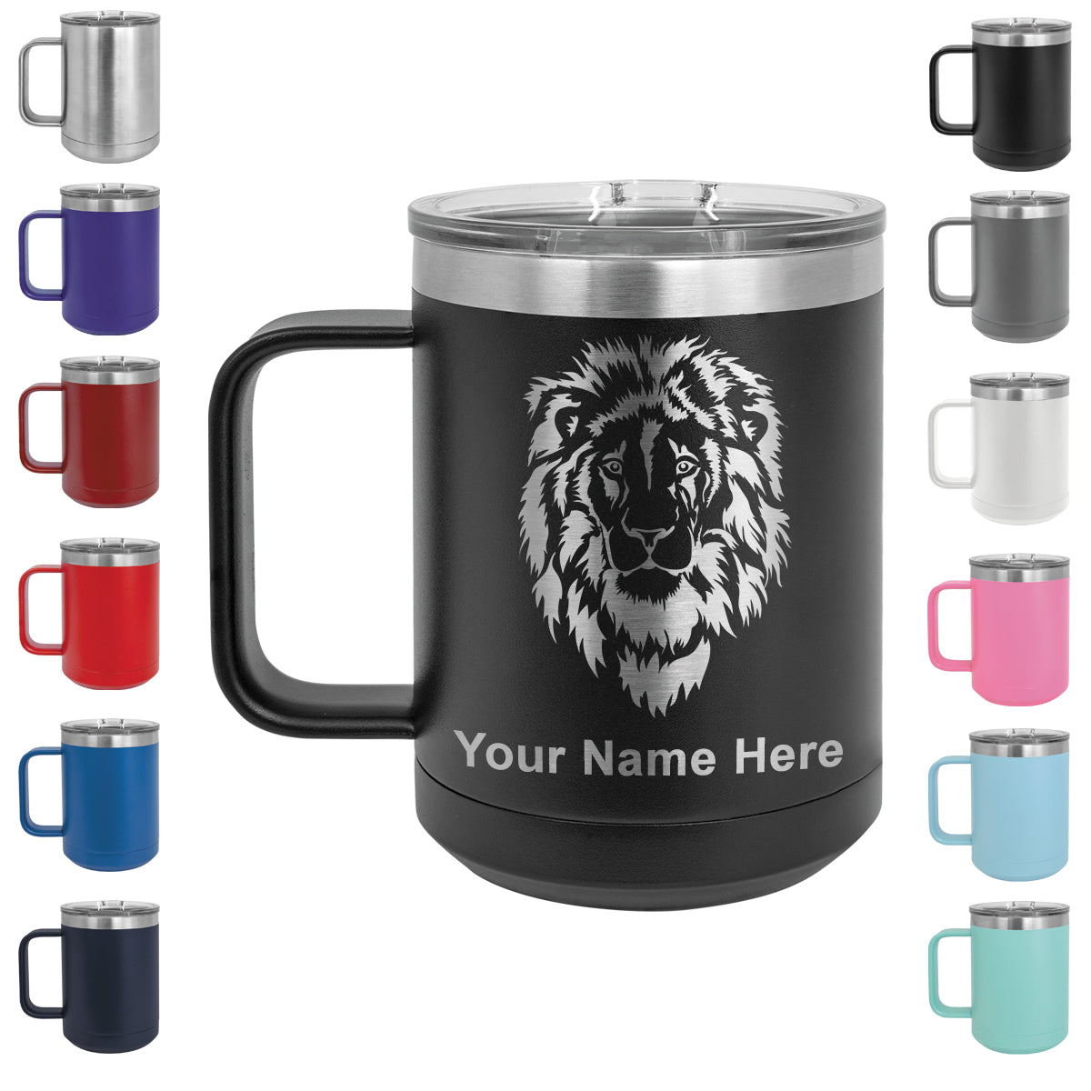 15oz Vacuum Insulated Coffee Mug, Lion Head, Personalized Engraving Included