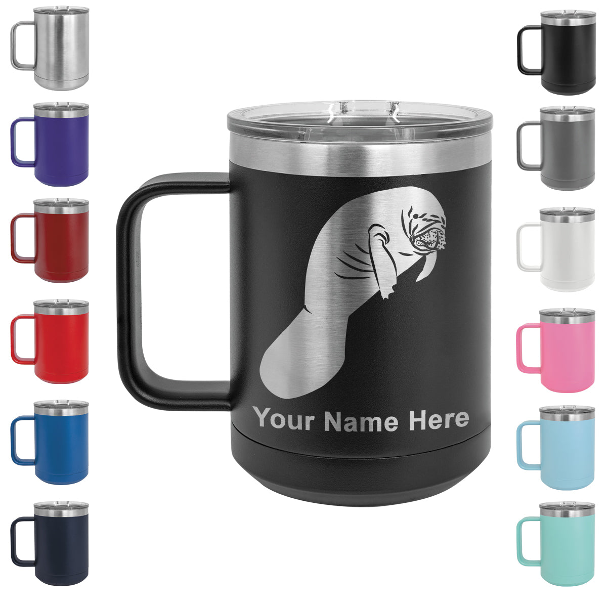 15oz Vacuum Insulated Coffee Mug, Manatee, Personalized Engraving Included