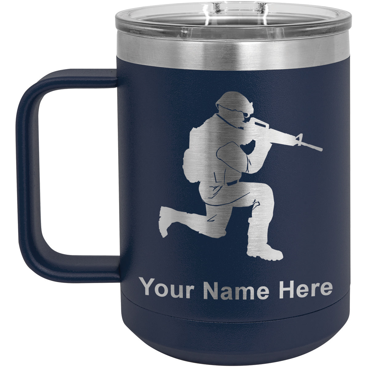 15oz Vacuum Insulated Coffee Mug, Military Soldier, Personalized Engraving Included
