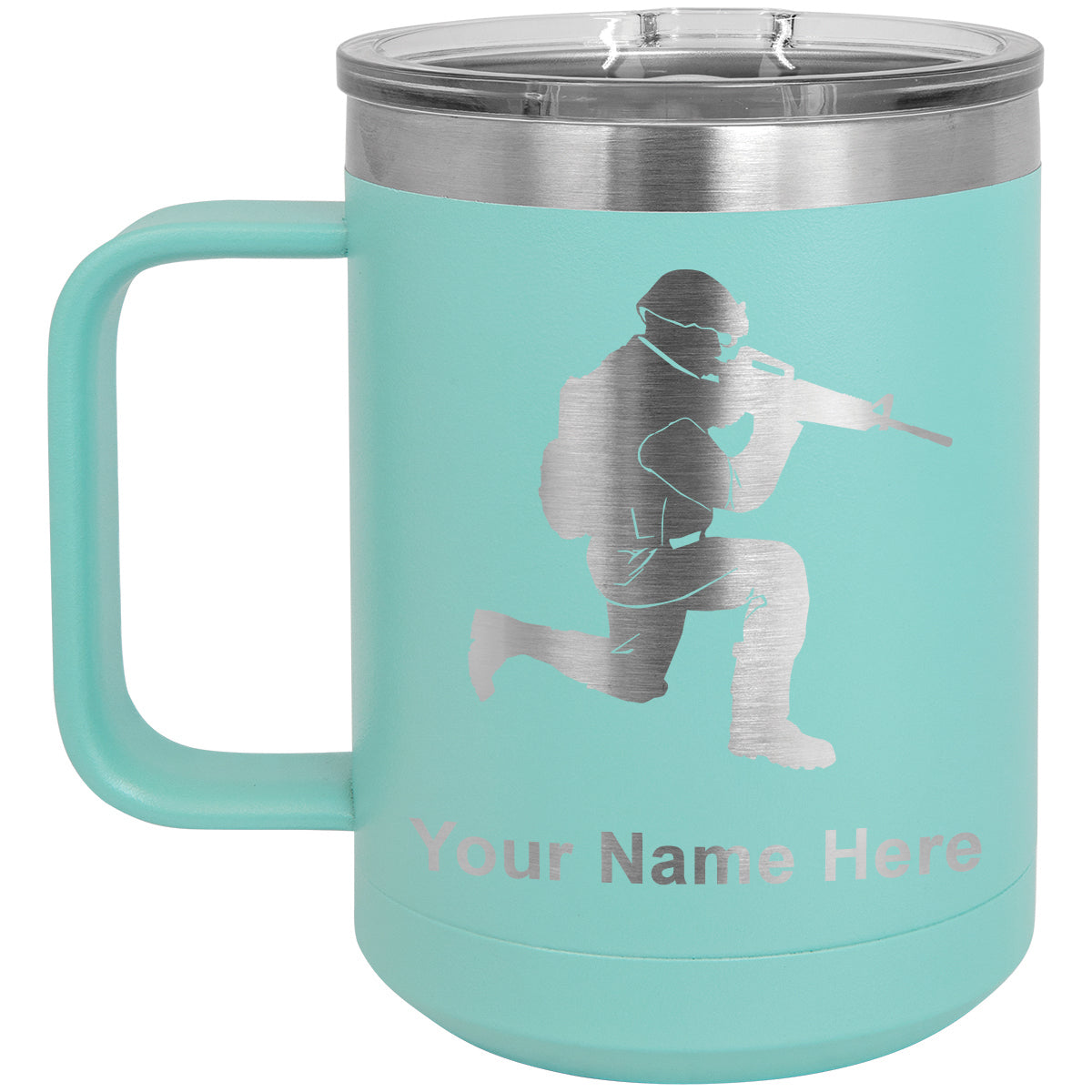 15oz Vacuum Insulated Coffee Mug, Military Soldier, Personalized Engraving Included