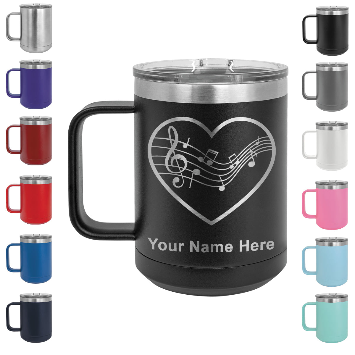 15oz Vacuum Insulated Coffee Mug, Music Staff Heart, Personalized Engraving Included