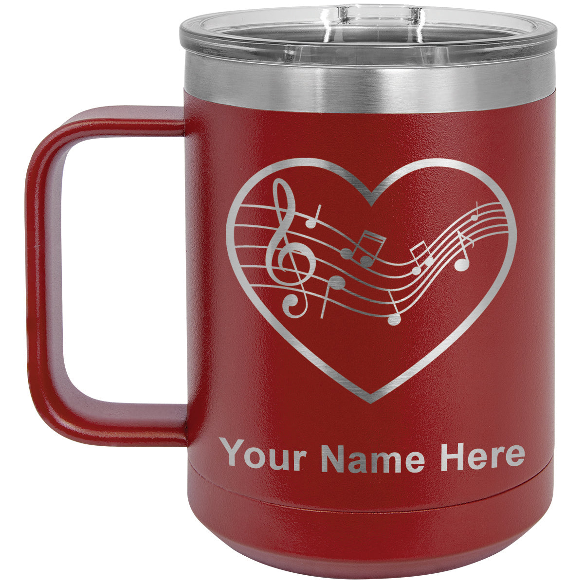 15oz Vacuum Insulated Coffee Mug, Music Staff Heart, Personalized Engraving Included