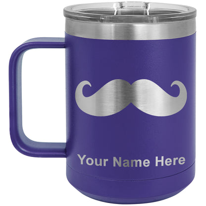 15oz Vacuum Insulated Coffee Mug, Mustache, Personalized Engraving Included