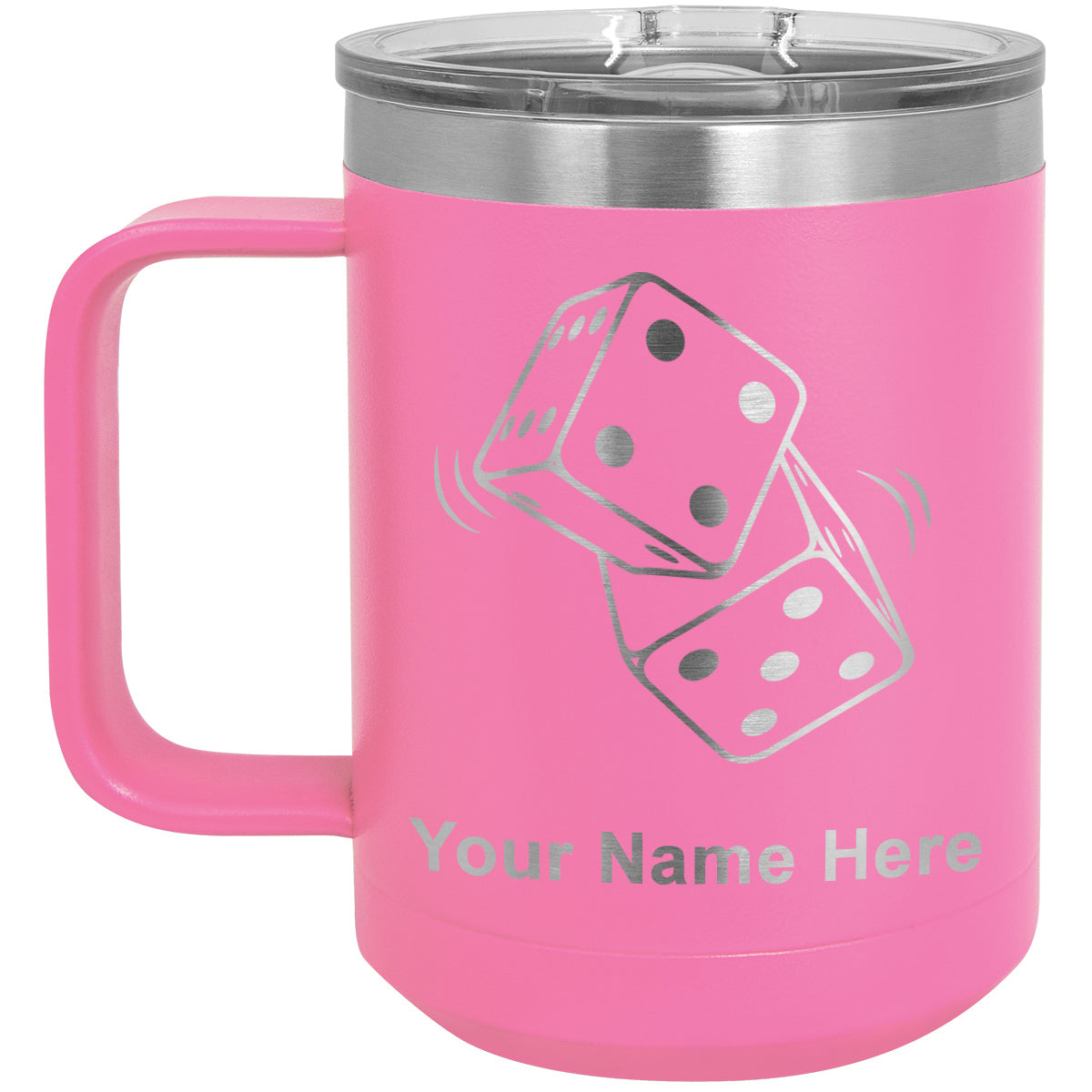 15oz Vacuum Insulated Coffee Mug, Pair of Dice, Personalized Engraving Included