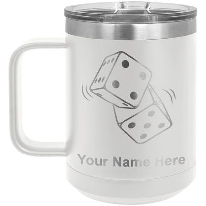 15oz Vacuum Insulated Coffee Mug, Pair of Dice, Personalized Engraving Included